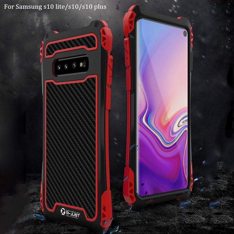 R-JUST Shockproof Waterproof Case for Samsung Galaxy S10/S10 Plus/S10e Carbon Fiber Metal